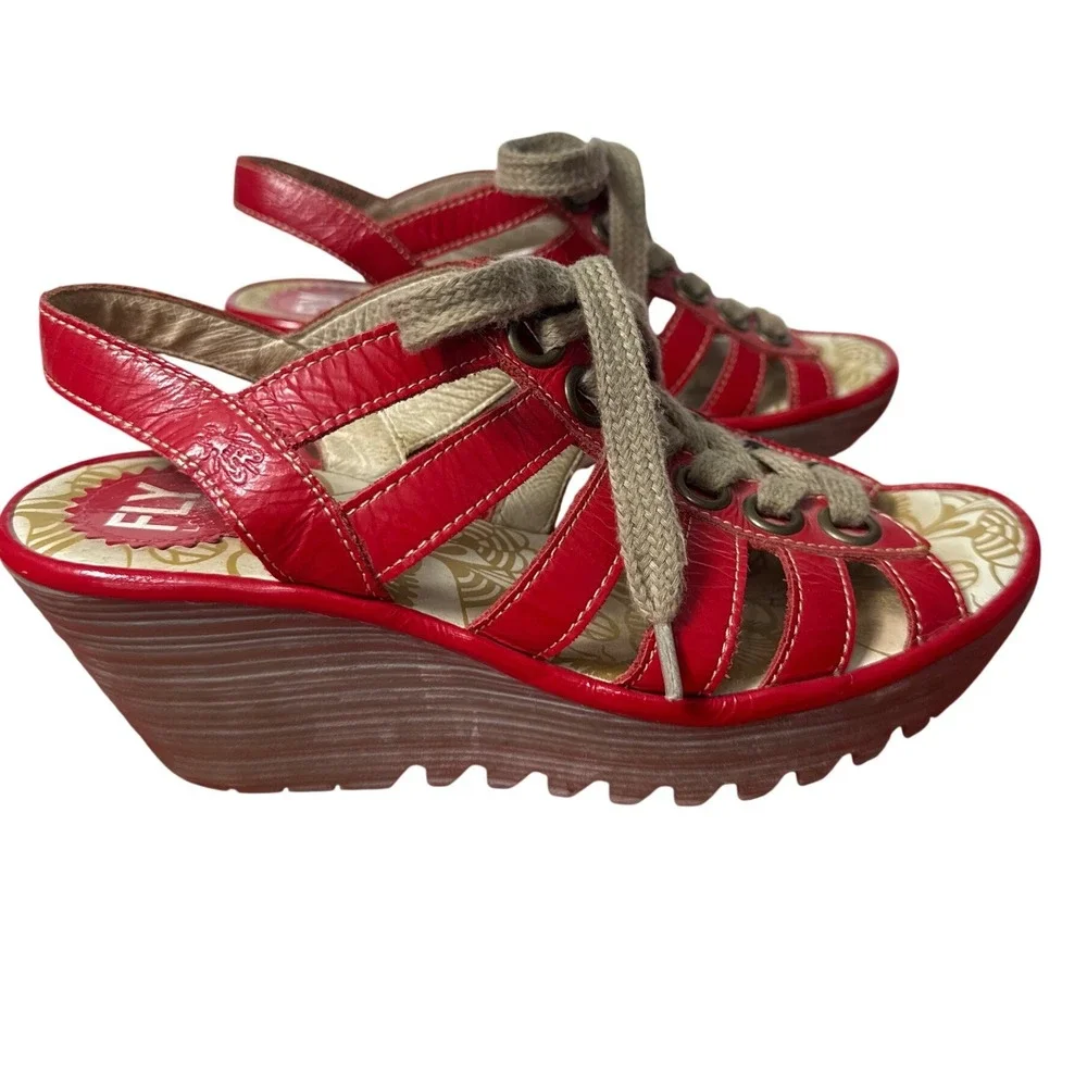 Fly London Wedge Sandals Women 37 Red Good Lace Up Gladiator Platform P500459016